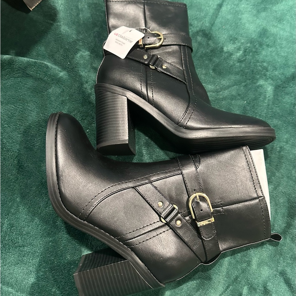 Liz Claiborne Black Heeled Boots with Gold Buckle